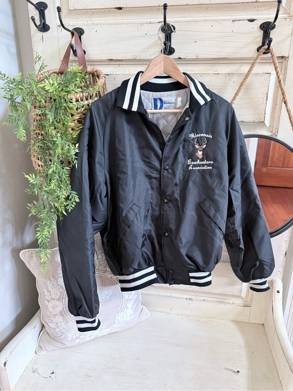 Vintage Wisconsin Bowhunters association Varsity Bomber Jacket with Striped Trim